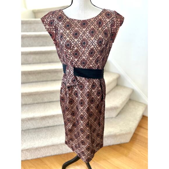 Vintage Brown Lace 50s 60s Black Band Sheath Dress - Picture 1 of 9